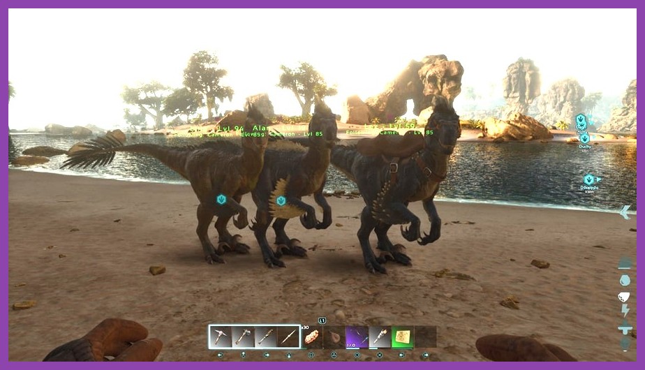 A pack of tamed Raptors in ARK Survival Evolved ready for combat