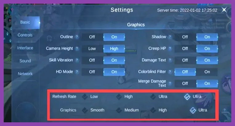 Mobile Legends graphics settings menu showing HFR mode and shadow toggles