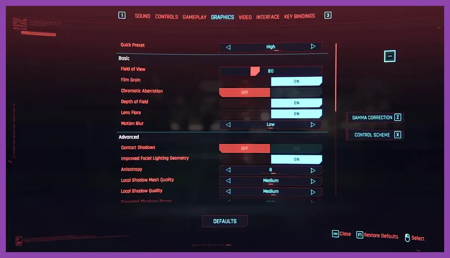 Cyberpunk 2077 advanced graphics settings menu on PC