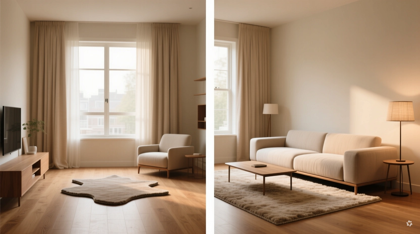 comparison of small vs medium area rug sizes in a compact living room