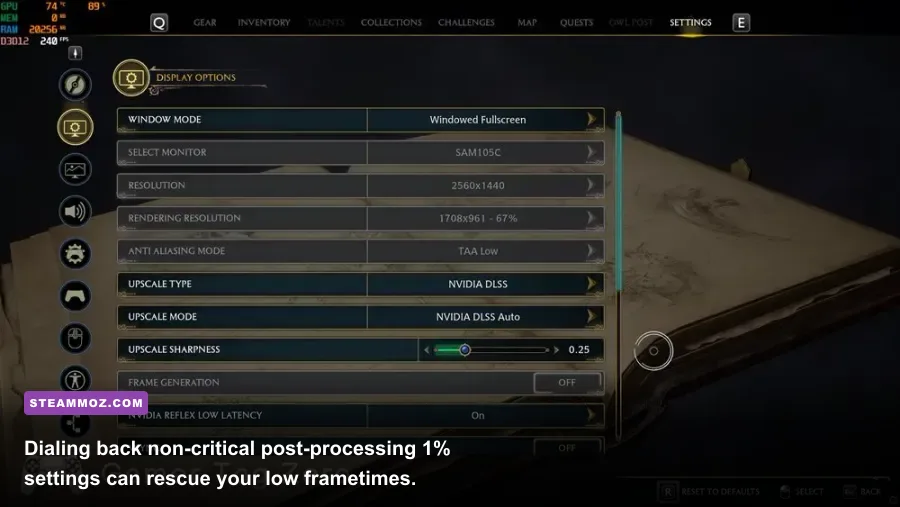 Hogwarts Legacy in-game graphical settings screen showing quality options
