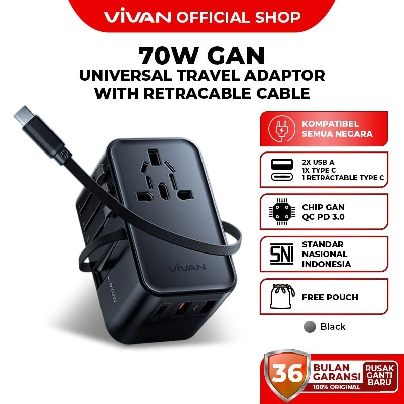 VIVAN VPS-T006A 70W GaN Universal World Travel Adapter Charger + Retractable Usb-C Cable