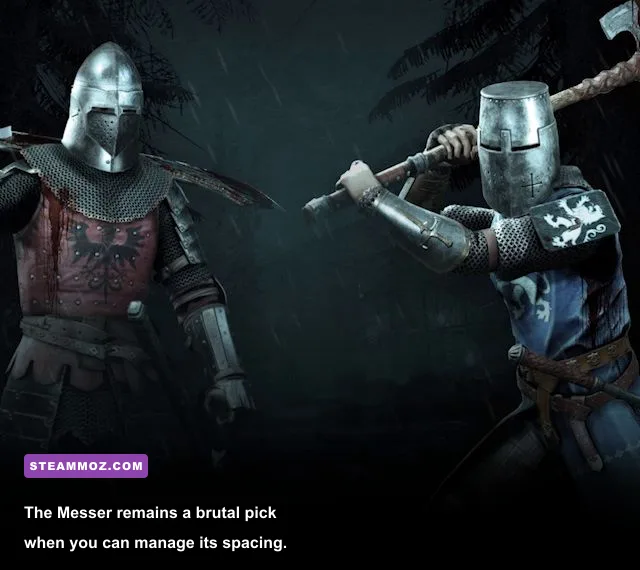 Two Chivalry 2 knights dueling with Messers in a medieval courtyard