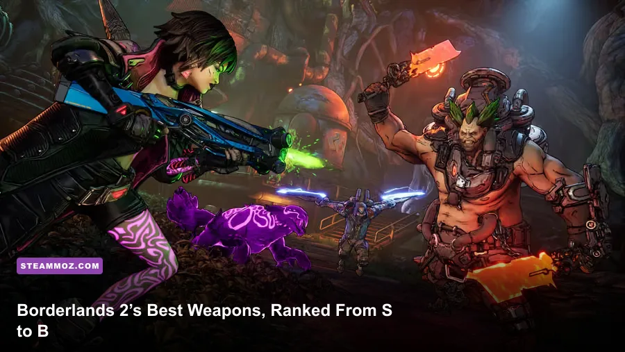 Borderlands 2 Vault Hunter standing on Pandora with legendary weapons