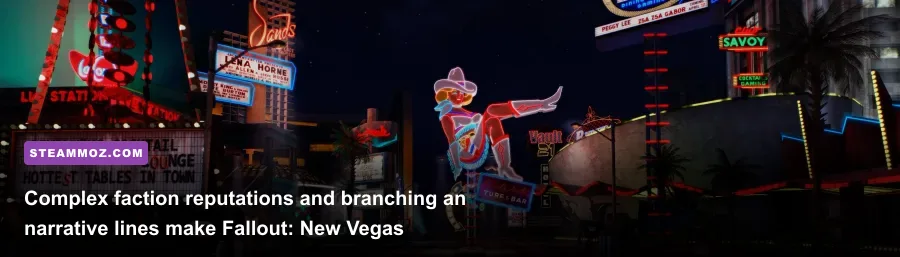 The glowing neon lights of the New Vegas Strip in Fallout New Vegas
