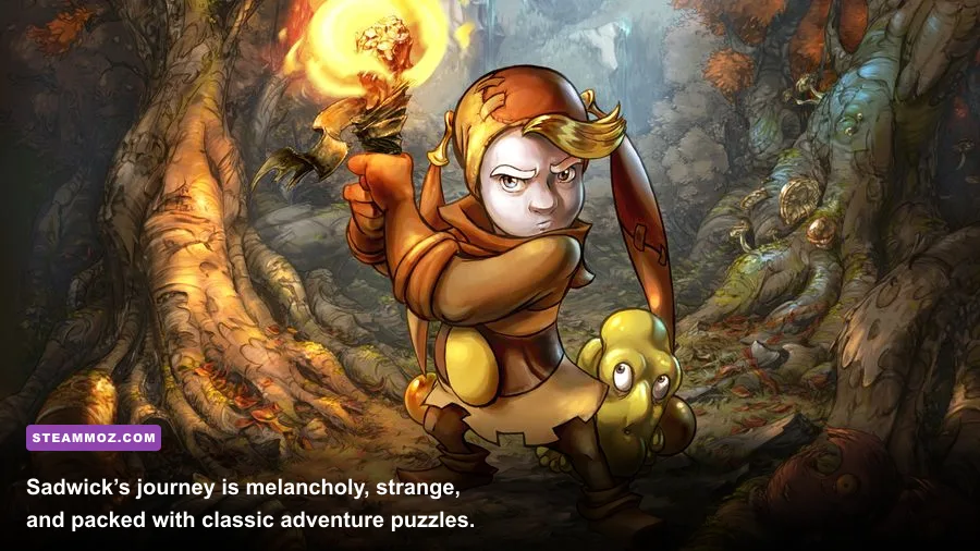 Sadwick and Spot exploring a gloomy forest in The Whispered World