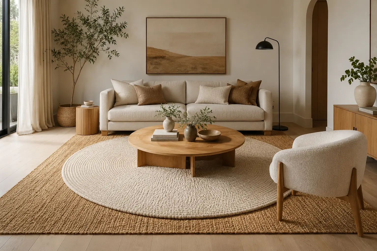 layered rugs in a living room with a round accent rug over a rectangular base rug