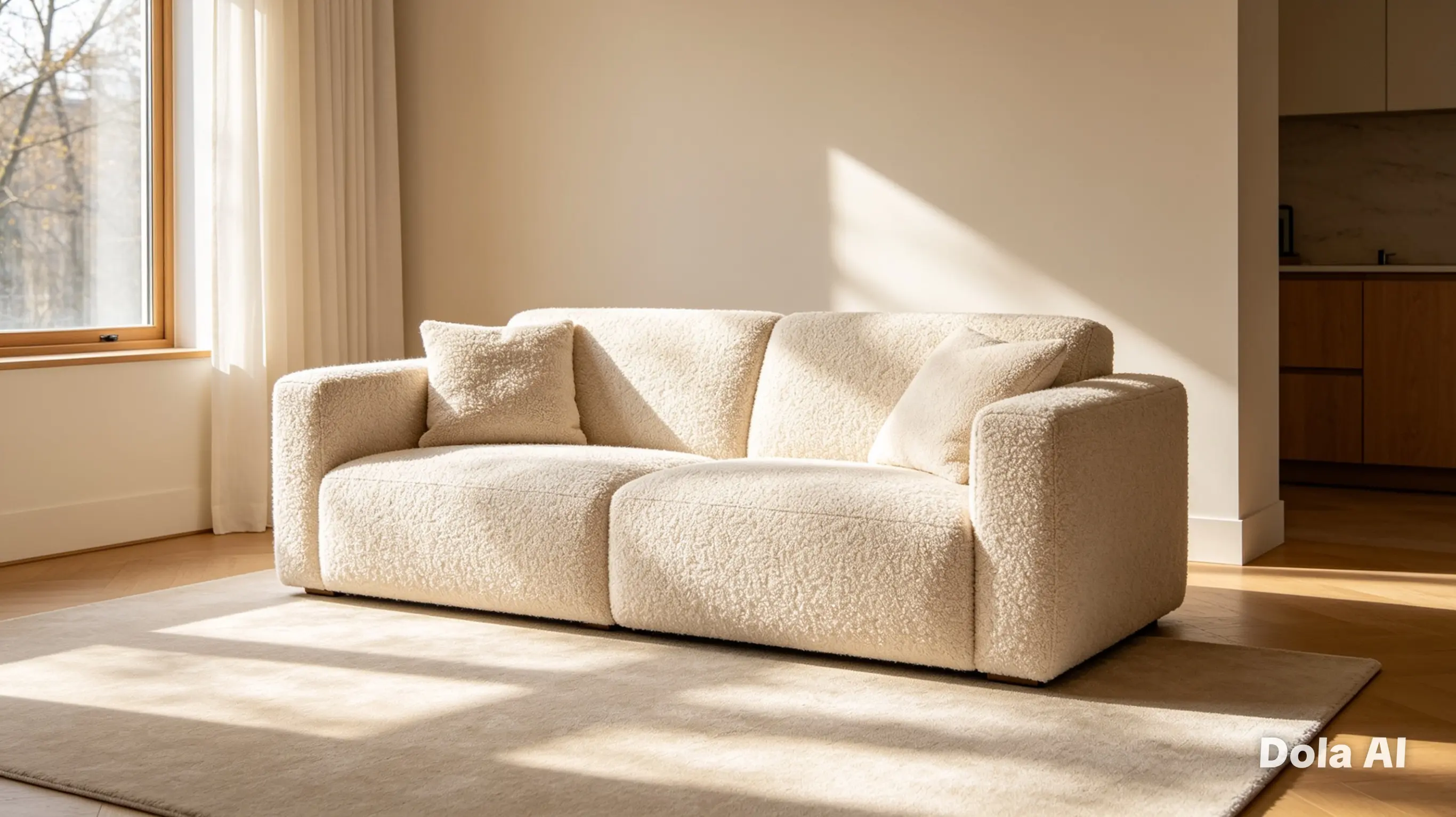Cozy living room sofa upholstered in textured fabric