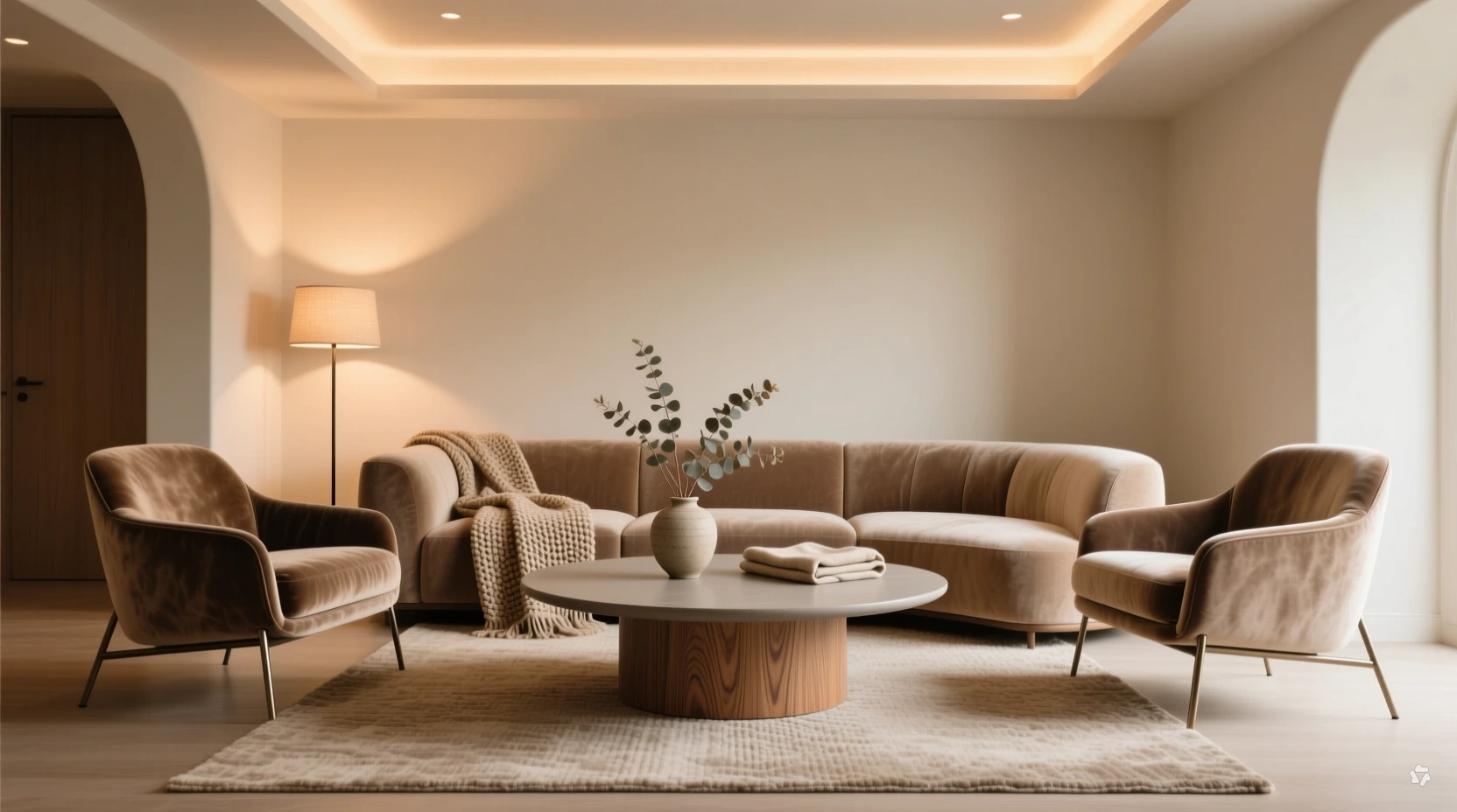 U-shaped sofa and armchair layout creating a conversation-friendly seating area