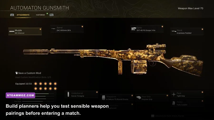 Warzone Gunsmith loadout screen showing an assault rifle and close-range secondary