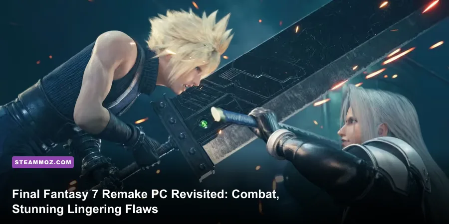 Cloud Strife standing in Midgar looking at the Shinra building in Final Fantasy 7 Remake Intergrade PC