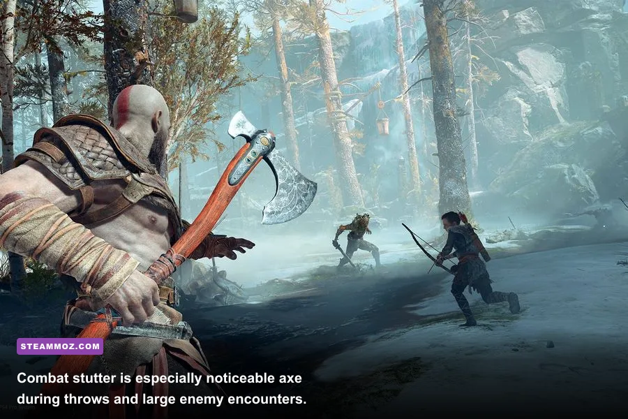 Kratos using the Leviathan Axe during combat in God of War PC