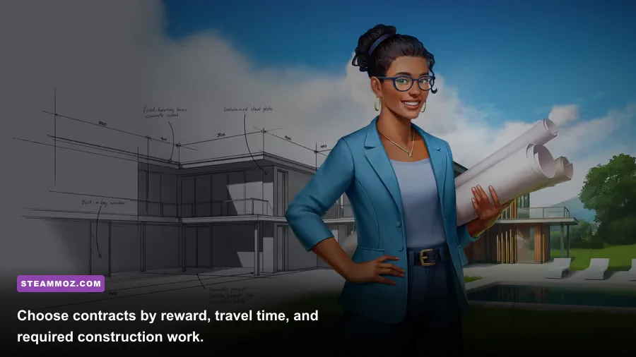 Architect Life career mode contract selection screen showing house-building objectives