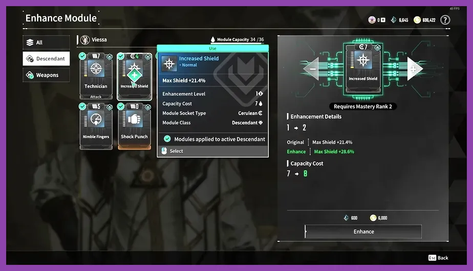 The First Descendant module system interface showing capacity and polarities