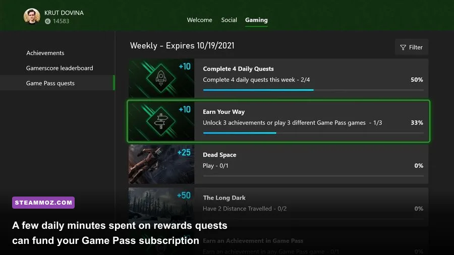 Microsoft Rewards redemption page showing Xbox Game Pass subscription options