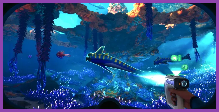 Submersible descending into deep biome trench with blue bio lights