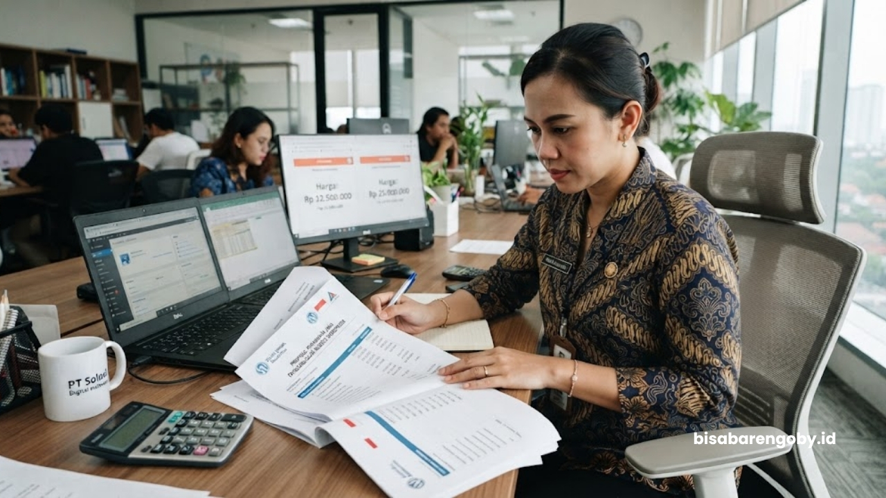 Manajer pengadaan mengevaluasi dokumen proposal saat mencari harga website untuk perusahaan di Indonesia berbasis WordPress