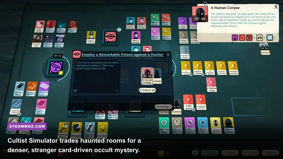 Cultist Simulator occult card management interface with lore and ritual cards