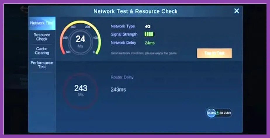Mobile Legends network optimization and ping diagnostic screen