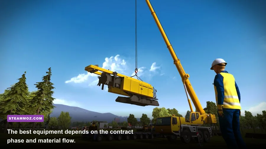 Busy Construction Simulator 2015 building site with crane excavator and dump truck