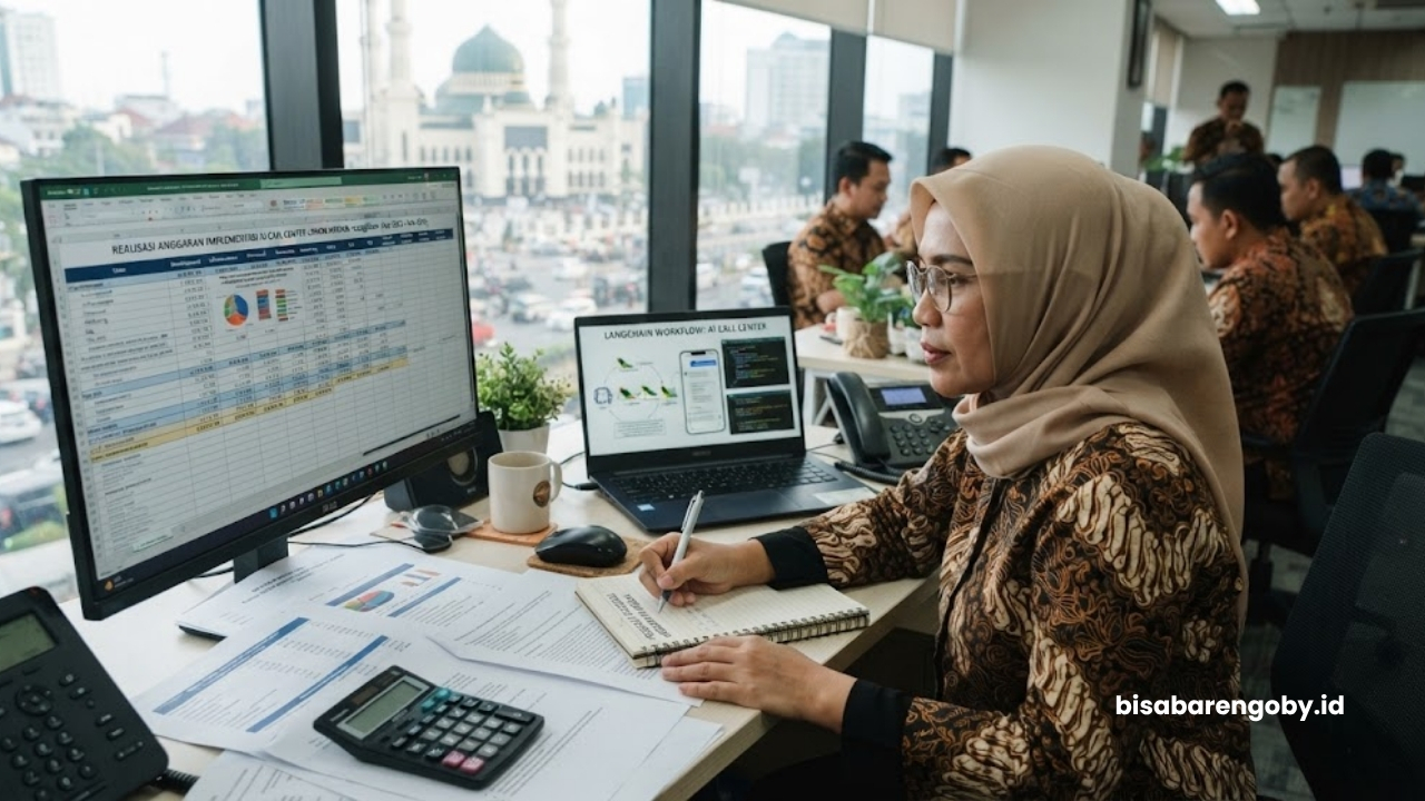 Manajer operasional memproyeksikan anggaran saat mengeksekusi implementasi AI Call Center untuk UMKM di Medan berbasis LangChain