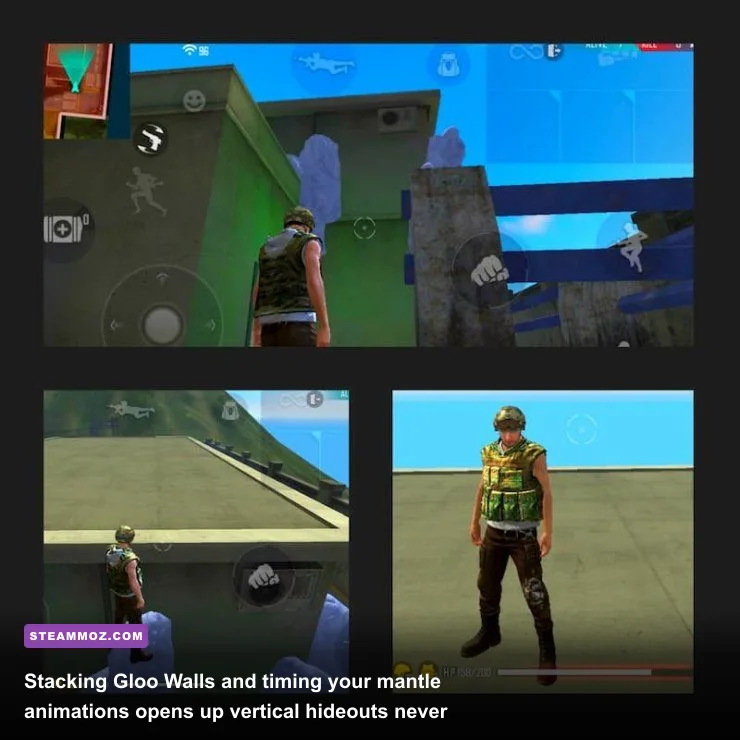 Player using stacked Gloo Walls as stepping stones to reach an inaccessible roof in Free Fire