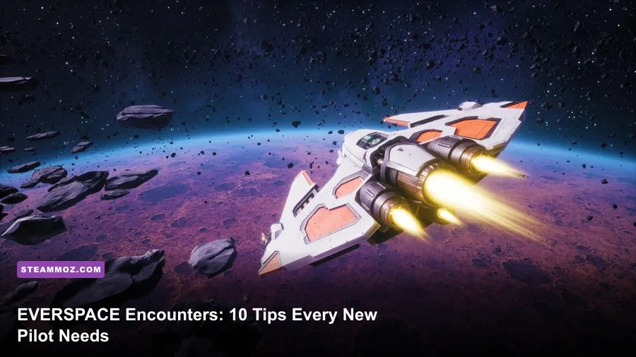 EVERSPACE Encounters ship fighting enemies in a dense asteroid field