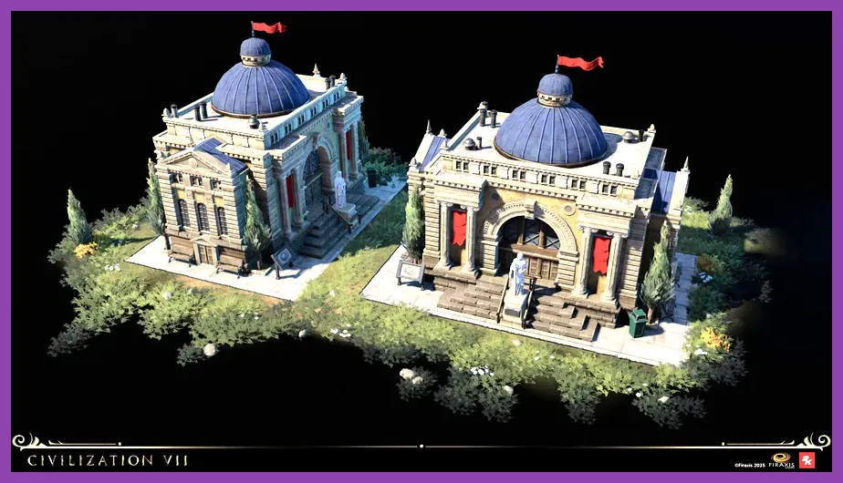 Civilization 7 cultural empire with wonders and heritage buildings