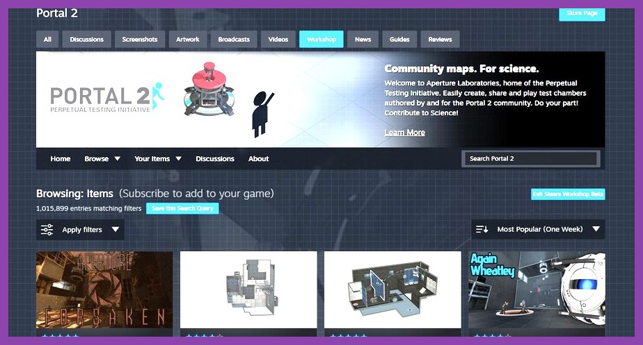 Steam Workshop interface showing community mods for PC games