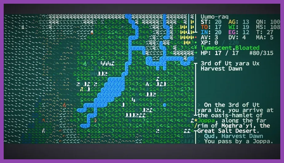 Caves of Qud interface running on low spec computer systems