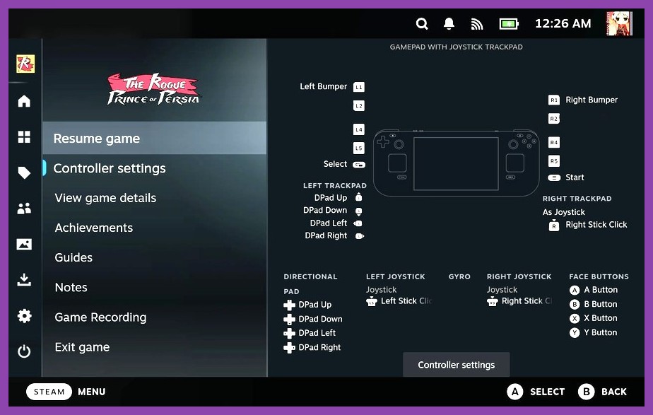Steam Deck button mapping and controller configuration menu