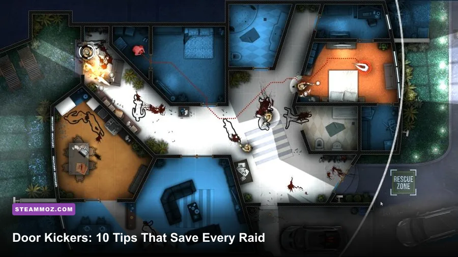 Door Kickers SWAT team planning a tactical raid on a top-down map