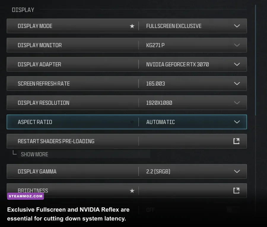 Call of Duty display settings tab configured for lowest latency