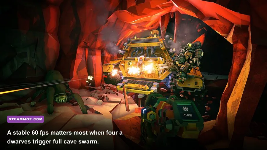 Four Deep Rock Galactic dwarves exploring a crystal cave together