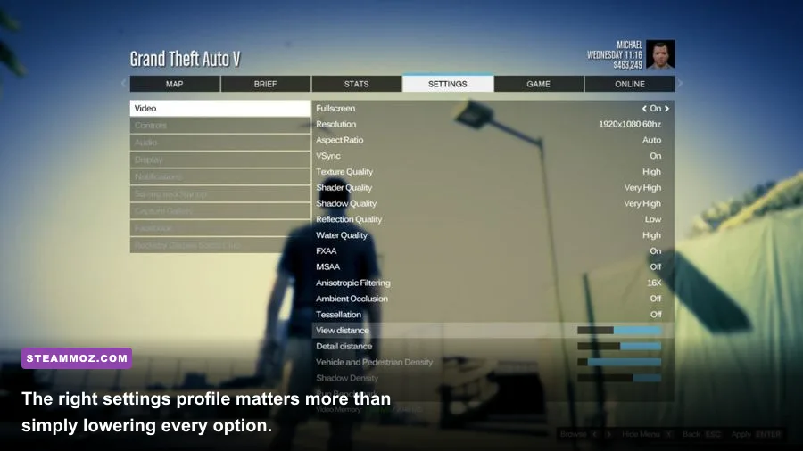 GTA Online PC graphics settings menu with advanced graphics options