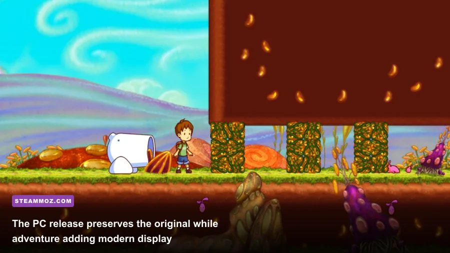 A Boy and His Blob remastered gameplay showing the boy and Blob in a colorful platforming level