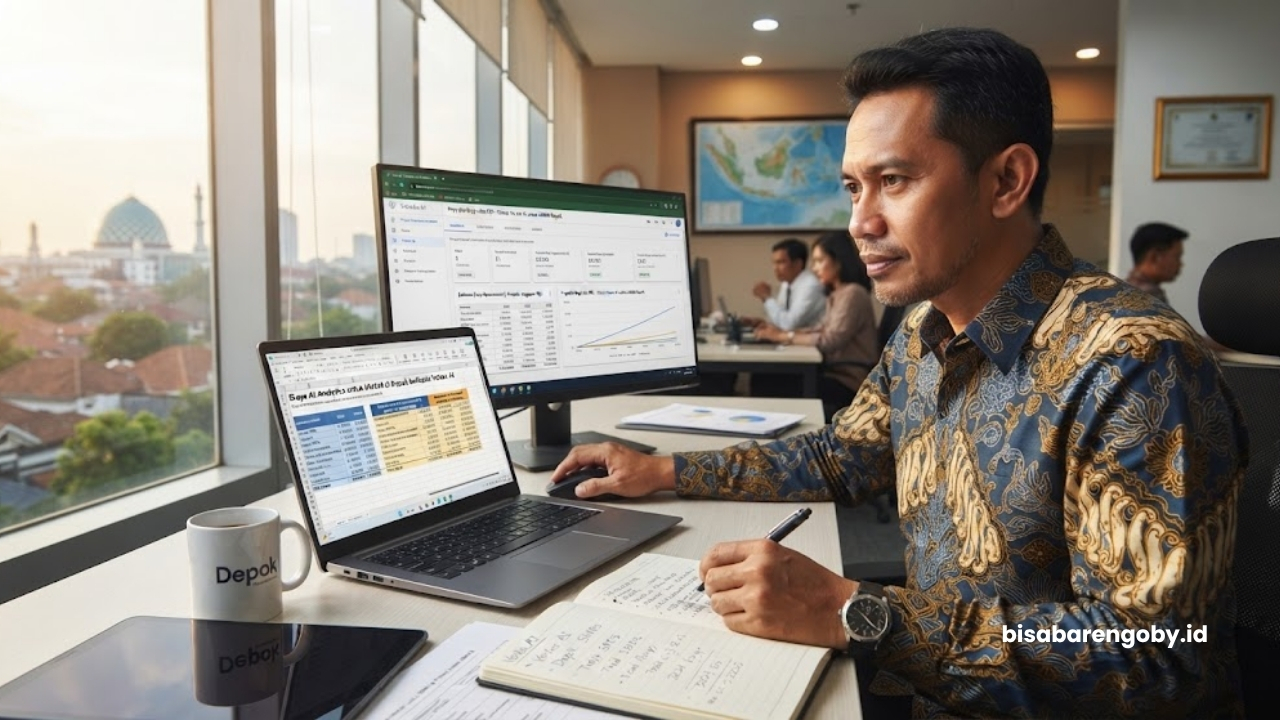 Manajer bisnis memproyeksikan anggaran saat menghitung biaya AI Analytics untuk UMKM di Depok berbasis Vertex AI