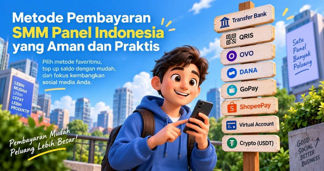 Ilustrasi metode pembayaran SMM panel Indonesia melalui QRIS dan transfer bank