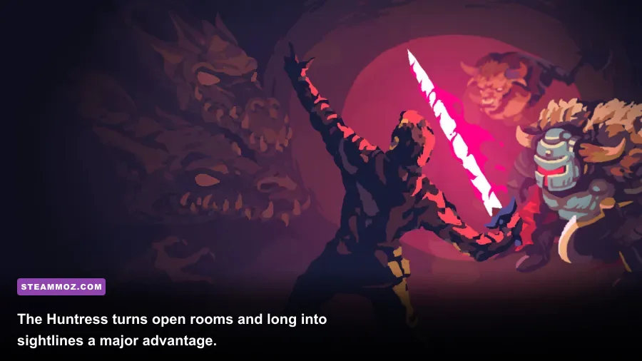Crawl Huntress firing a bow at monsters from across a dungeon room