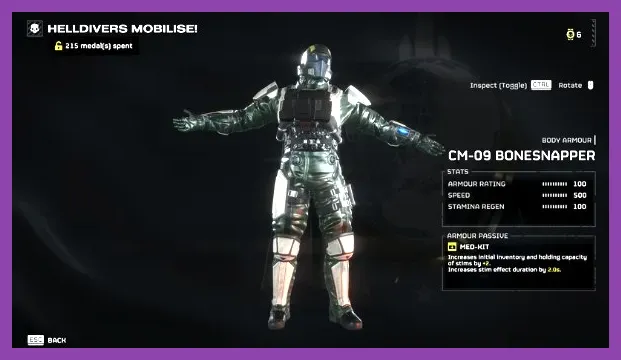 Helldivers 2 armor with stamina regeneration enhancement attribute