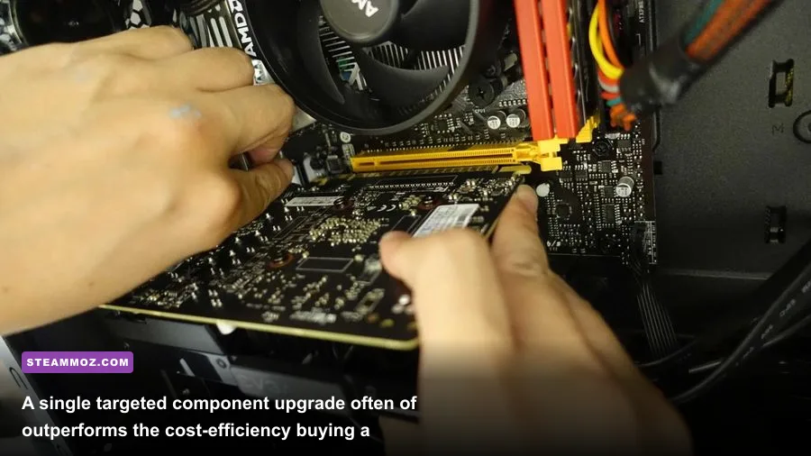 Hands carefully securing a new graphics card into a motherboard PCIe slot during a DIY hardware upgrade