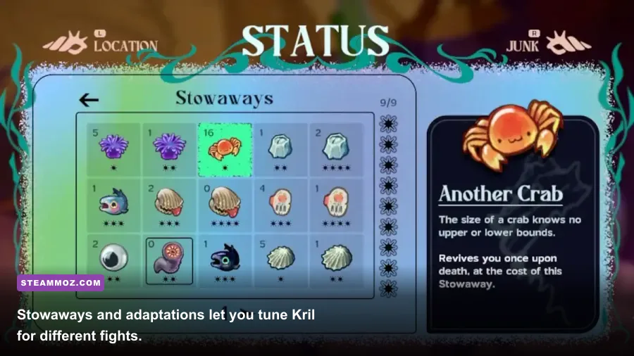 Another Crab's Treasure upgrades menu showing stowaways and adaptations