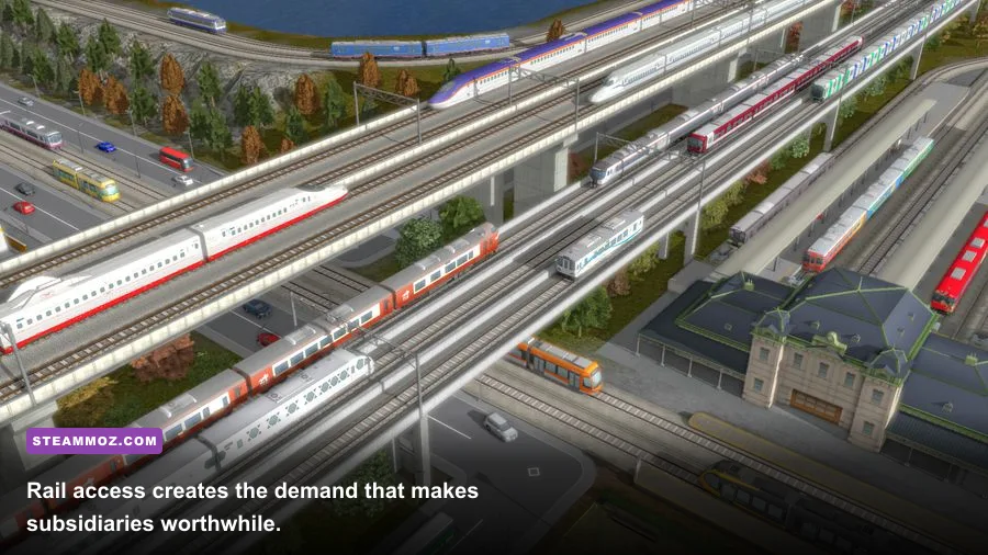A-Train 9 V5.0 land development with commercial subsidiaries beside railway tracks