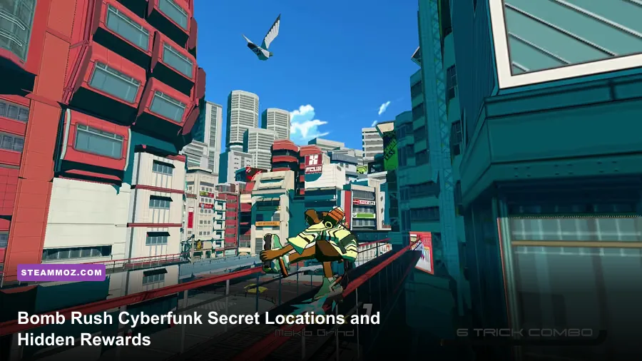 Bomb Rush Cyberfunk character wallriding past graffiti in a neon city