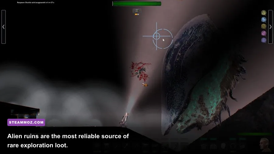 Barotrauma crew exploring alien ruins beside an alien artifact