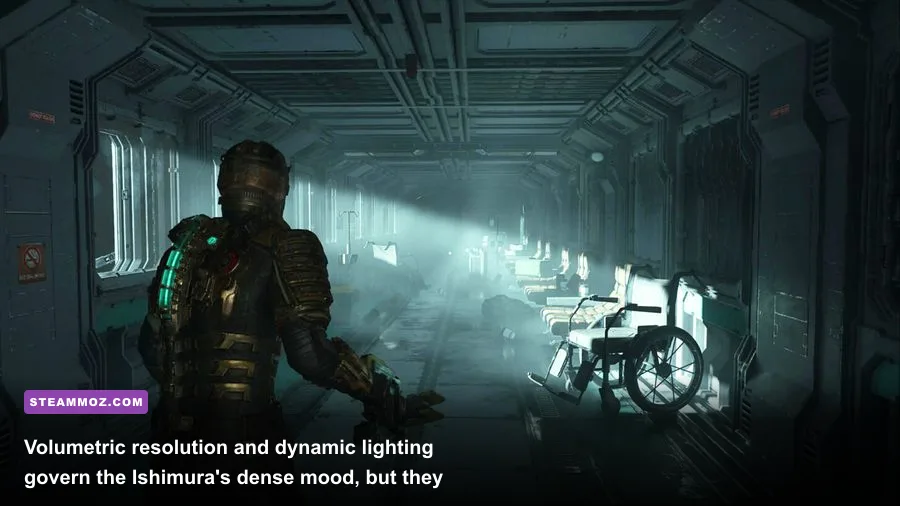 Heavy volumetric fog and dramatic dynamic lighting in the USG Ishimura flight lounge