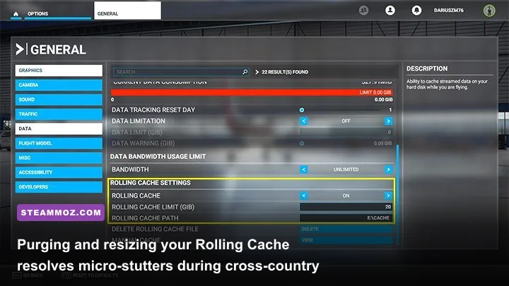 In-game settings screen showing Rolling Cache configuration in Microsoft Flight Simulator