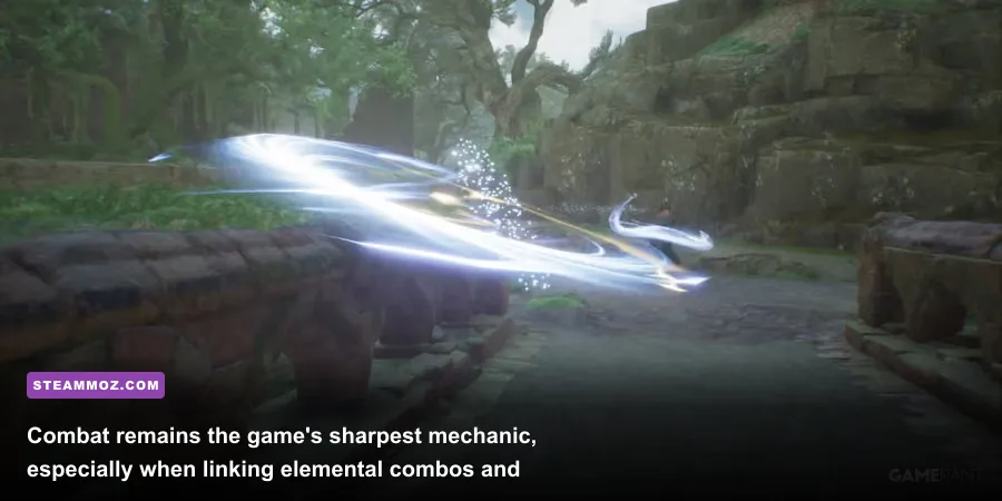 Player character casting dynamic combat spells with colorful particle effects in Hogwarts Legacy