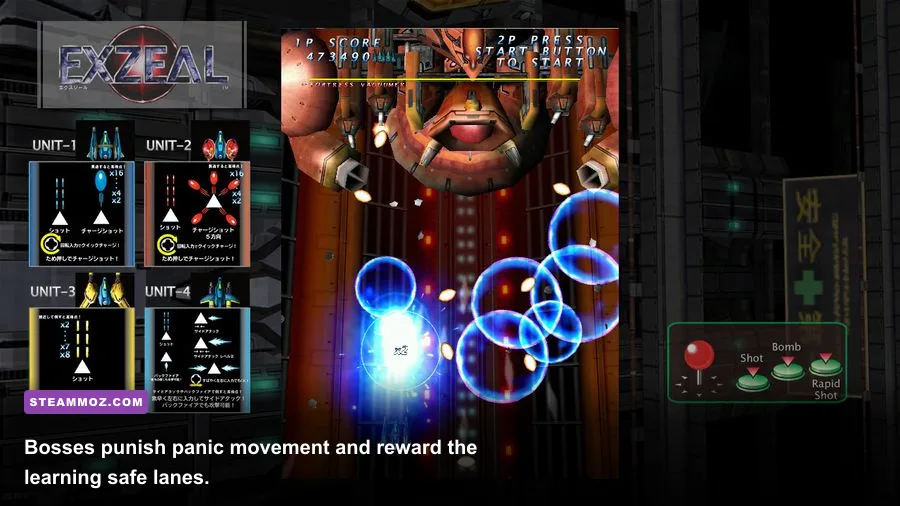 EXZEAL stage boss firing a dense bullet pattern at the player ship