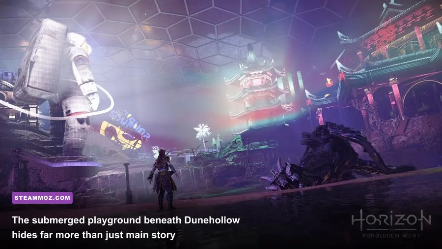 Aloy swimming through the vibrant illuminated ruins of submerged Las Vegas in Dunehollow